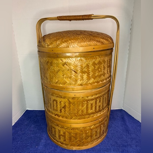 Vintage Chinese 3 Tier Wedding Basket Stacking Bamboo Rattan Woven Cane - Picture 3 of 9